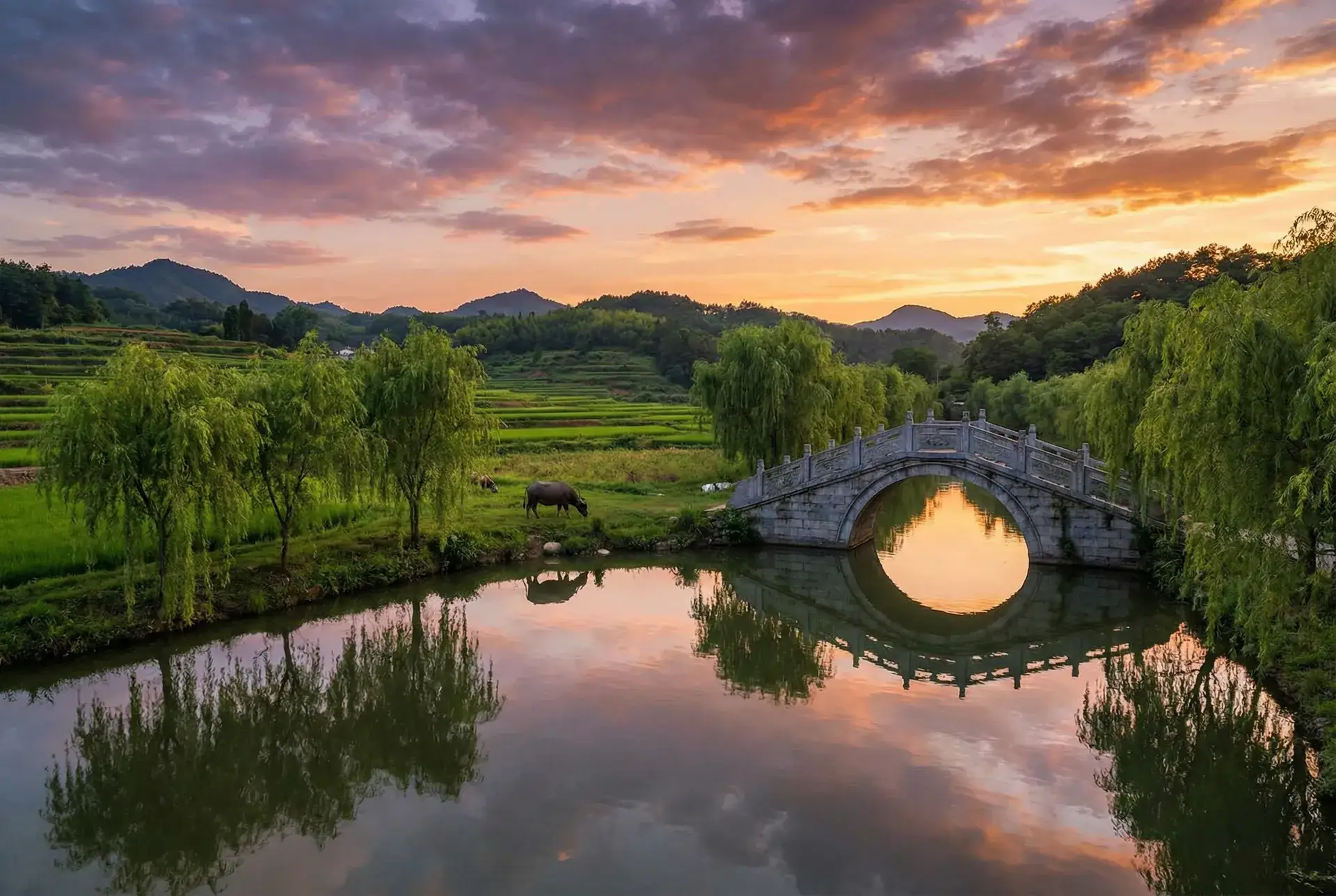 夕阳下的石拱桥与垂柳，水牛在河边吃草 - 赶尸艳谈完整无删减在线观看 乡村美景
